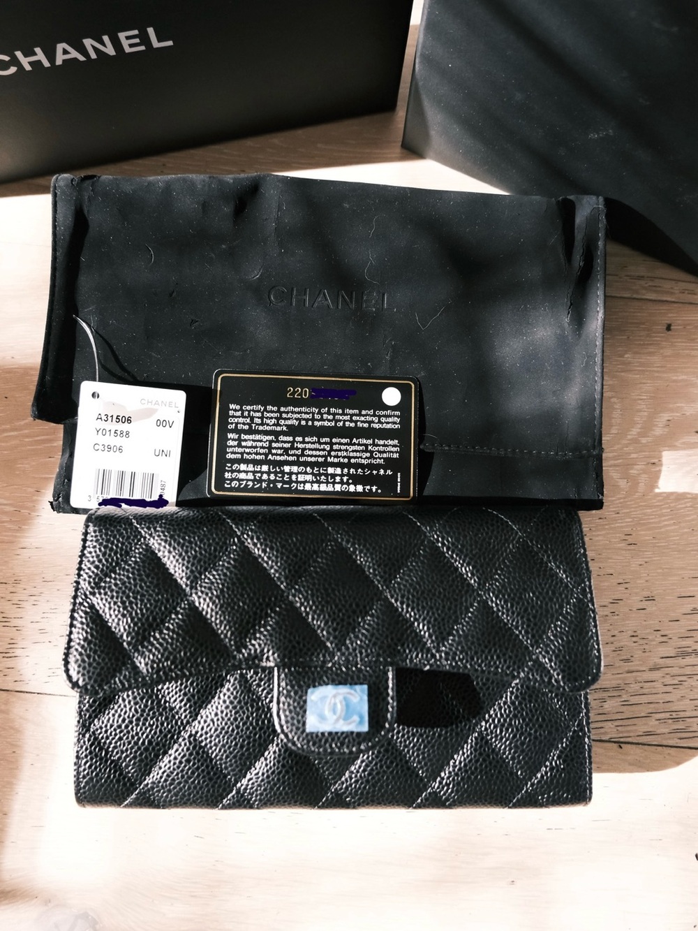Brand New CHANEL Black Quilted Caviar Leather Wallet with CC Turnlock